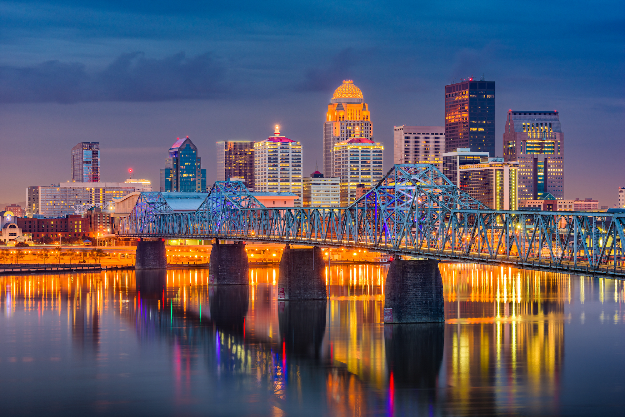 Louisville skyline at dusk